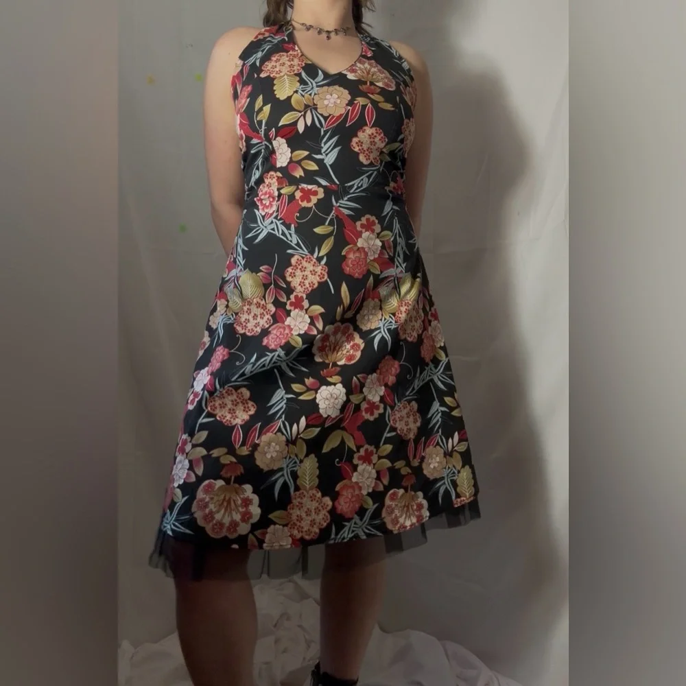 Y2K Black Floral Hawaii Tulle Whimsigoth Fairy Grunge Halter Dress Size M-L - Picture 11 of 16
